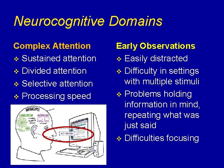 Neurocognitive Domains Complex Attention v Sustained attention v Divided attention v Selective attention v