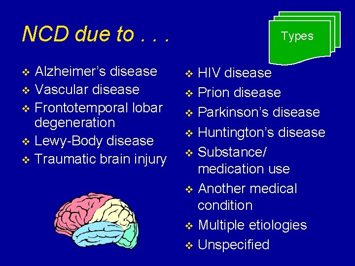 NCD due to. . . Alzheimer’s disease v Vascular disease v Frontotemporal lobar degeneration
