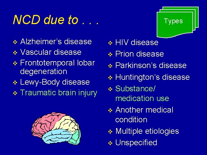 NCD due to. . . Alzheimer’s disease v Vascular disease v Frontotemporal lobar degeneration