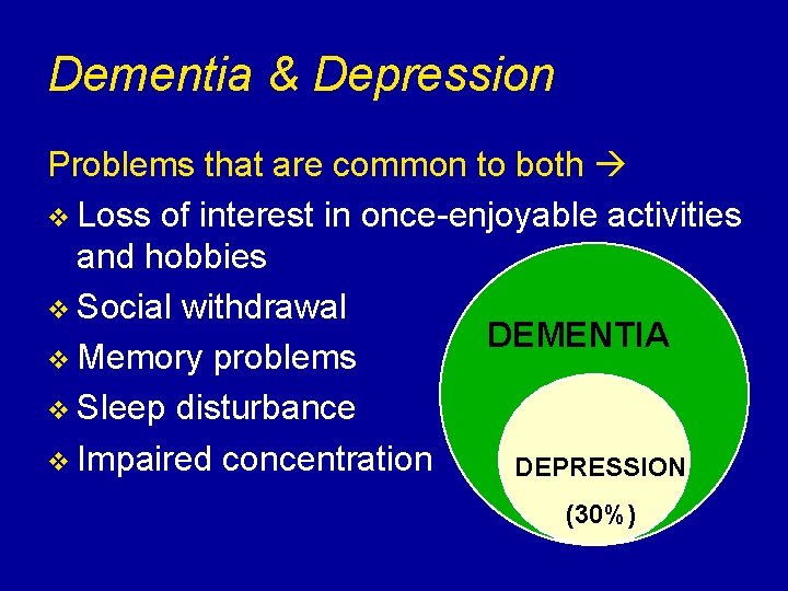 Dementia & Depression Problems that are common to both v Loss of interest in