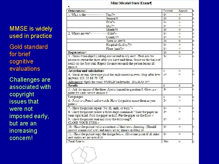 MMSE is widely used in practice Gold standard for brief cognitive evaluations Challenges are