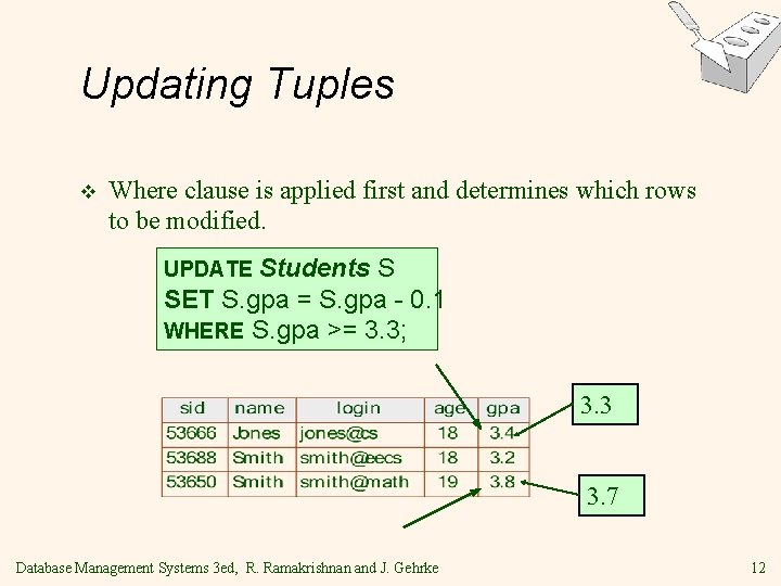 Updating Tuples v Where clause is applied first and determines which rows to be Updating Tuples v Where clause is applied first and determines which rows to be