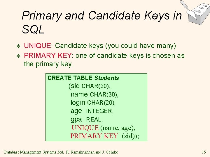 Primary and Candidate Keys in SQL v v UNIQUE: Candidate keys (you could have Primary and Candidate Keys in SQL v v UNIQUE: Candidate keys (you could have