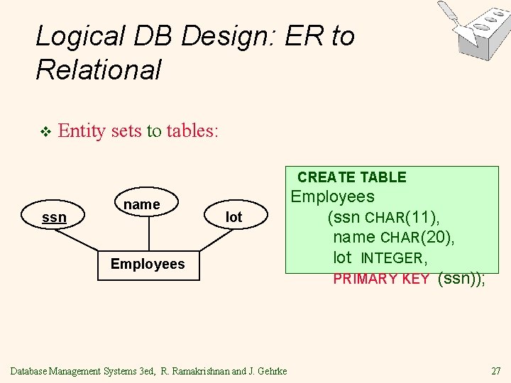 Logical DB Design: ER to Relational v Entity sets to tables: CREATE TABLE ssn Logical DB Design: ER to Relational v Entity sets to tables: CREATE TABLE ssn