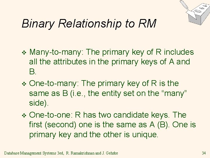 Binary Relationship to RM Many-to-many: The primary key of R includes all the attributes Binary Relationship to RM Many-to-many: The primary key of R includes all the attributes
