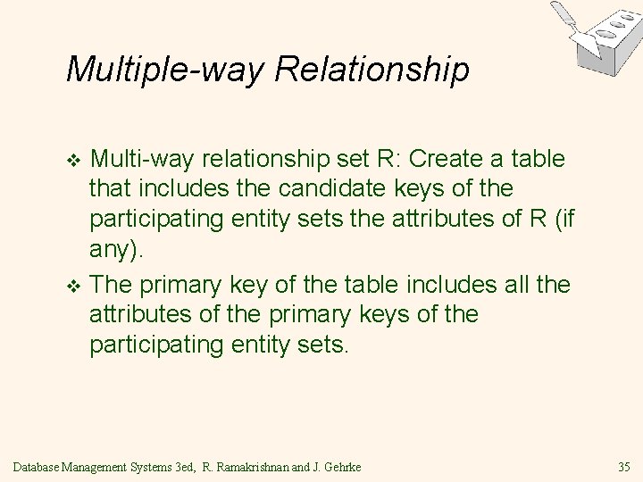 Multiple-way Relationship Multi-way relationship set R: Create a table that includes the candidate keys Multiple-way Relationship Multi-way relationship set R: Create a table that includes the candidate keys