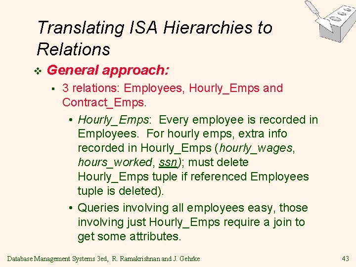 Translating ISA Hierarchies to Relations v General approach: § 3 relations: Employees, Hourly_Emps and Translating ISA Hierarchies to Relations v General approach: § 3 relations: Employees, Hourly_Emps and