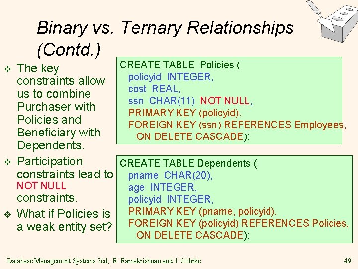 Binary vs. Ternary Relationships (Contd. ) v v CREATE TABLE Policies ( The key Binary vs. Ternary Relationships (Contd. ) v v CREATE TABLE Policies ( The key