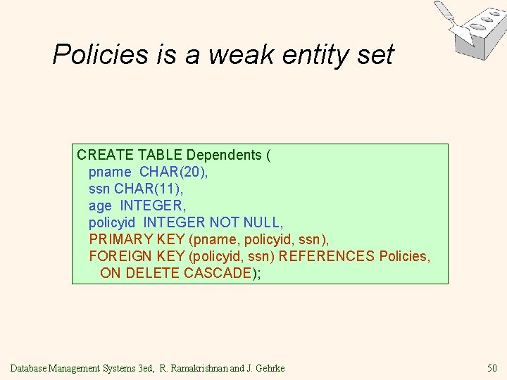 Policies is a weak entity set CREATE TABLE Dependents ( pname CHAR(20), ssn CHAR(11), Policies is a weak entity set CREATE TABLE Dependents ( pname CHAR(20), ssn CHAR(11),