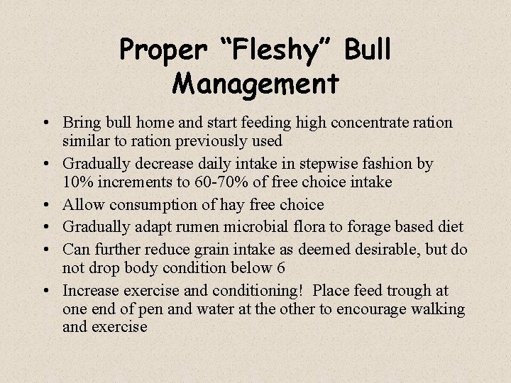 Proper “Fleshy” Bull Management • Bring bull home and start feeding high concentrate ration
