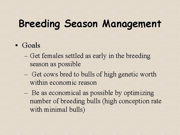 Breeding Season Management • Goals – Get females settled as early in the breeding