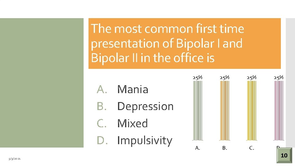 The most common first time presentation of Bipolar I and Bipolar II in the