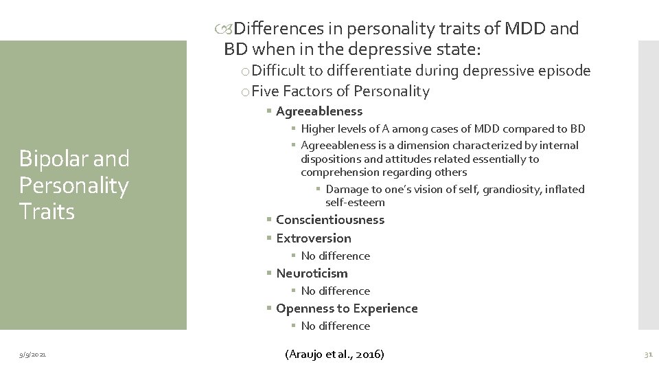  Differences in personality traits of MDD and BD when in the depressive state: