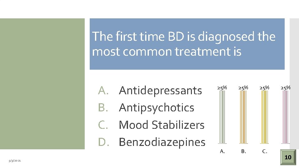 The first time BD is diagnosed the most common treatment is A. B. C.