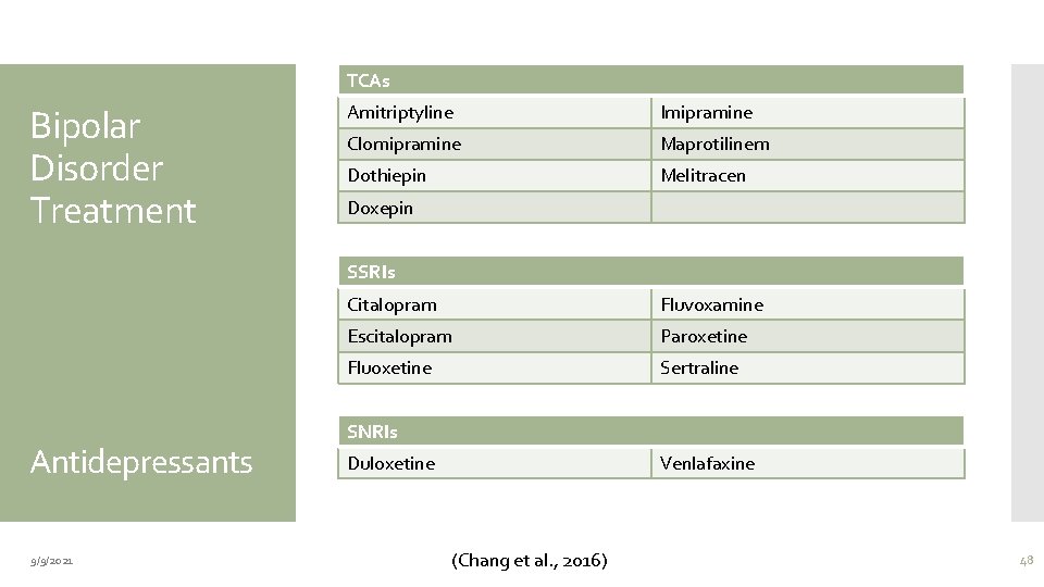 TCAs Bipolar Disorder Treatment Amitriptyline Imipramine Clomipramine Maprotilinem Dothiepin Melitracen Doxepin SSRIs Antidepressants 9/9/2021