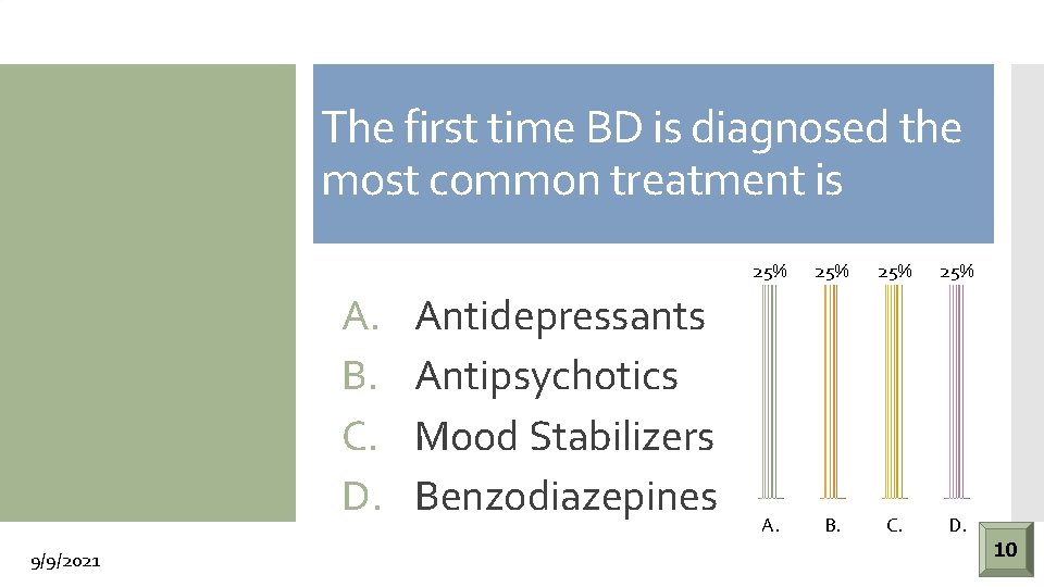 The first time BD is diagnosed the most common treatment is A. B. C.