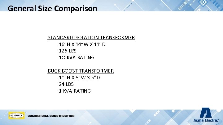 General Size Comparison STANDARD ISOLATION TRANSFORMER 16”H X 14”W X 11”D 125 LBS 1