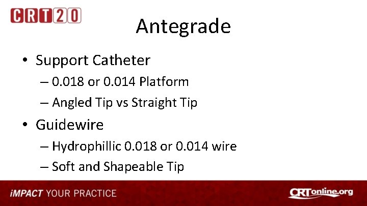 Antegrade • Support Catheter – 0. 018 or 0. 014 Platform – Angled Tip
