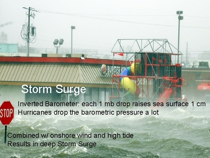 Storm Surge Inverted Barometer: each 1 mb drop raises sea surface 1 cm Hurricanes
