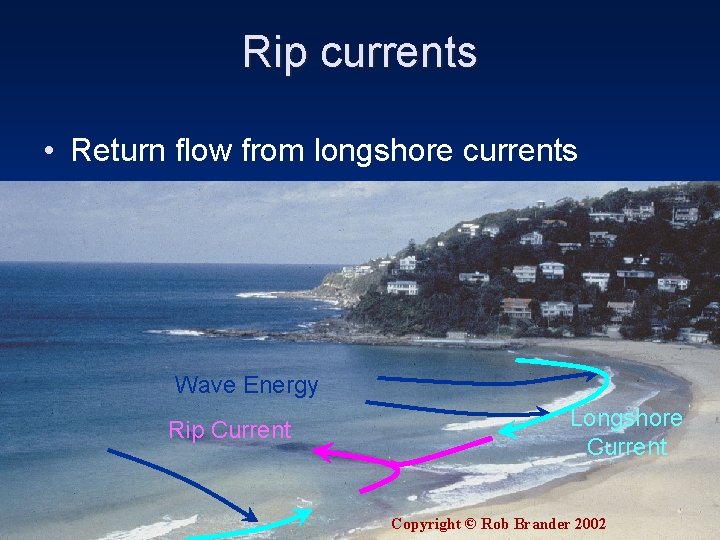 Rip currents • Return flow from longshore currents Wave Energy Rip Current Longshore Current
