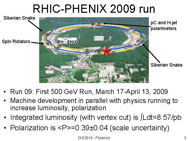 RHIC-PHENIX 2009 run Siberian Snake p. C and H-jet polarimeters Spin Rotators STAR Siberian