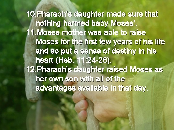 10. Pharaoh’s daughter made sure that nothing harmed baby Moses’. 11. Moses mother was