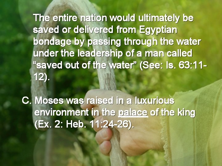 The entire nation would ultimately be saved or delivered from Egyptian bondage by passing