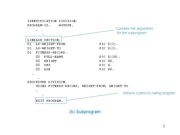 IDENTIFICATION DIVISION. PROGRAM-ID. WGTSUB. . . Contains the arguments for the subprogram LINKAGE SECTION.
