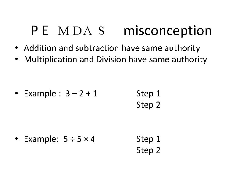 P E M DA S misconception • Addition and subtraction have same authority •