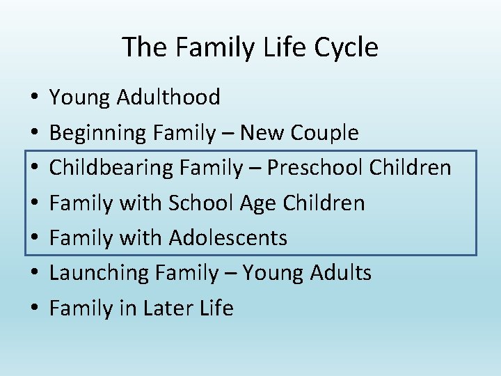 The Family Life Cycle • • Young Adulthood Beginning Family – New Couple Childbearing