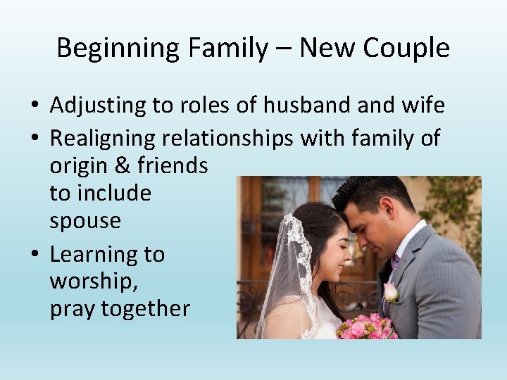 Beginning Family – New Couple • Adjusting to roles of husband wife • Realigning