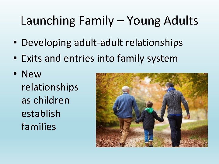 Launching Family – Young Adults • Developing adult-adult relationships • Exits and entries into