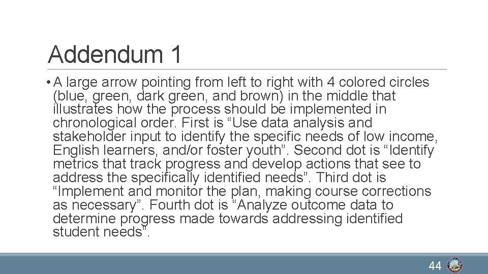 Addendum 1 • A large arrow pointing from left to right with 4 colored