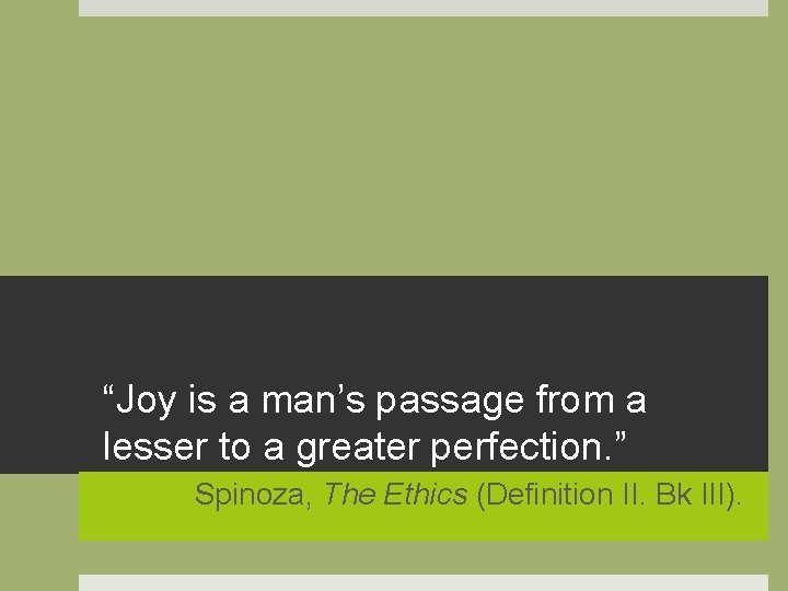 “Joy is a man’s passage from a lesser to a greater perfection. ” Spinoza,