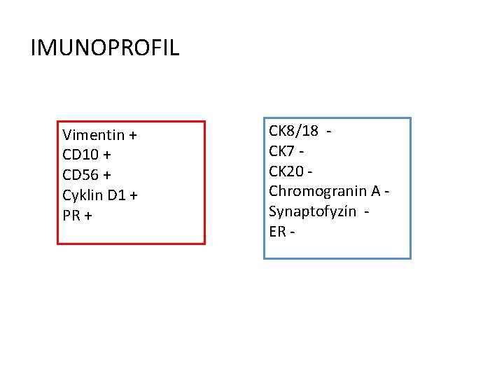 IMUNOPROFIL Vimentin + CD 10 + CD 56 + Cyklin D 1 + PR