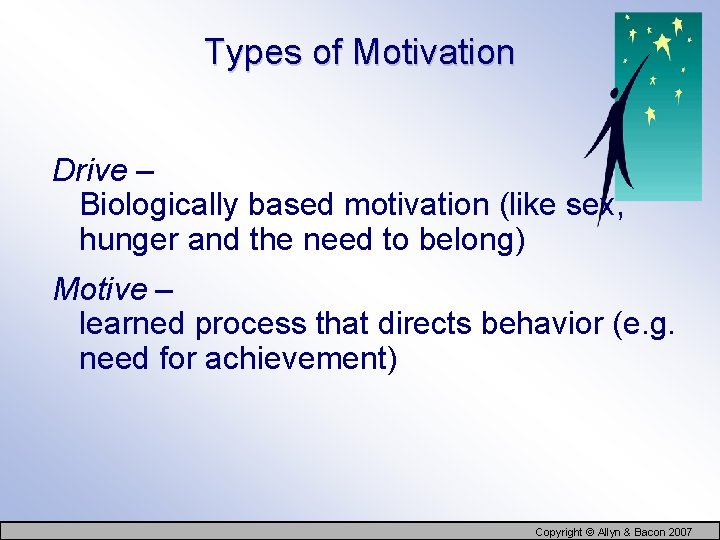 Types of Motivation Drive – Biologically based motivation (like sex, hunger and the need