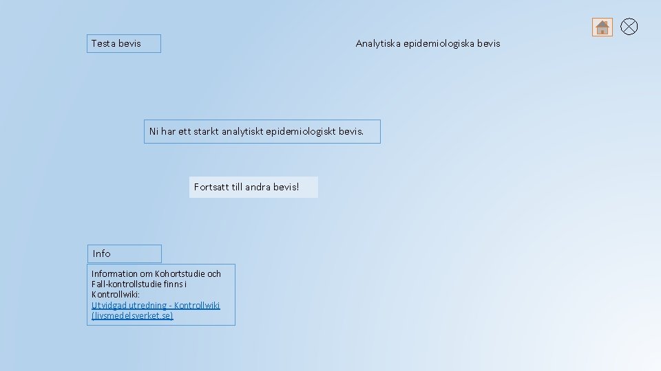 Testa bevis Analytiska epidemiologiska bevis Ni har ett starkt analytiskt epidemiologiskt bevis. Fortsatt till