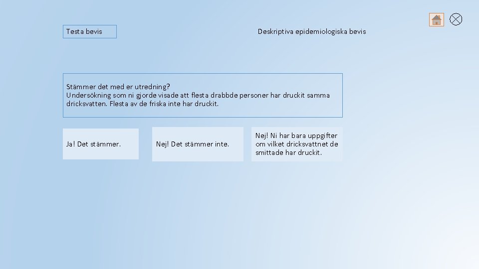 Testa bevis Deskriptiva epidemiologiska bevis Stämmer det med er utredning? Undersökning som ni gjorde