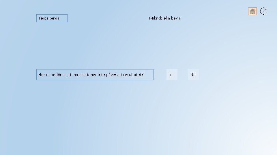 Testa bevis Har ni bedömt att installationer inte påverkat resultatet? Mikrobiella bevis Ja Nej