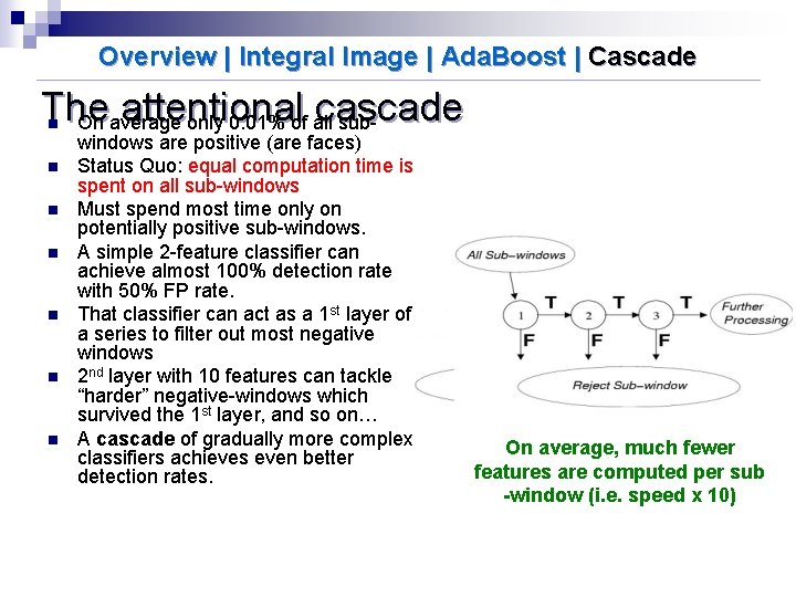 Overview | Integral Image | Ada. Boost | Cascade The attentional cascade On average