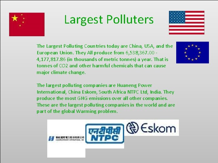 Largest Polluters The Largest Polluting Countries today are China, USA, and the European Union.