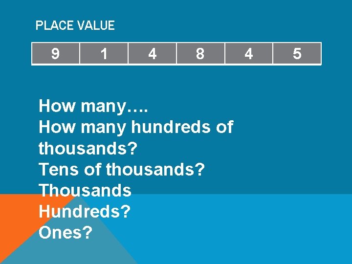 PLACE VALUE 9 1 4 8 How many…. How many hundreds of thousands? Tens