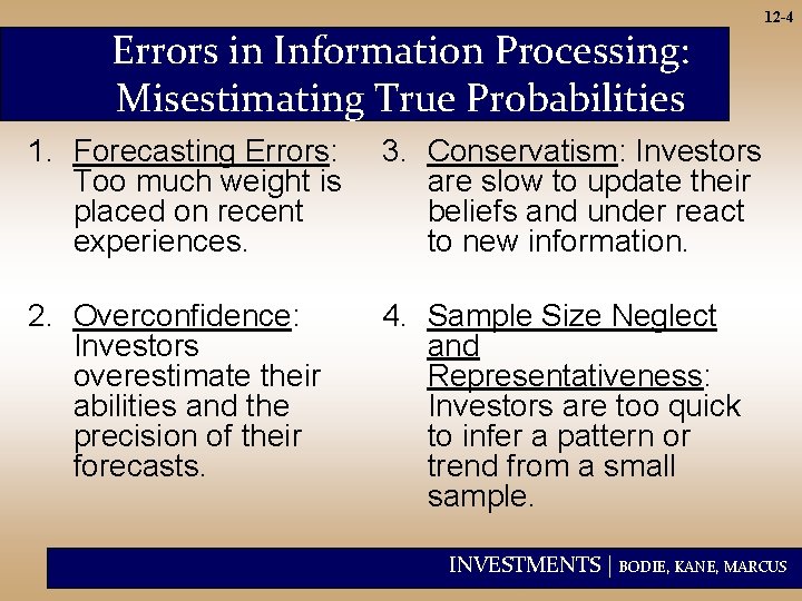 Errors in Information Processing: Misestimating True Probabilities 1. Forecasting Errors: Too much weight is