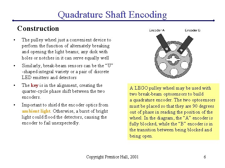 Quadrature Shaft Encoding Construction • The pulley wheel just a convenient device to perform