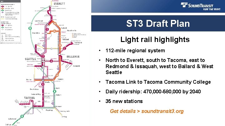 ST 3 Draft Plan Light rail highlights • 112 -mile regional system • North