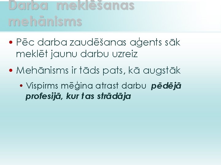 Darba meklēšanas mehānisms • Pēc darba zaudēšanas aģents sāk meklēt jaunu darbu uzreiz •