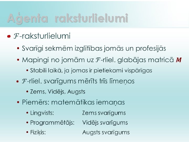 Aģenta raksturlielumi • 