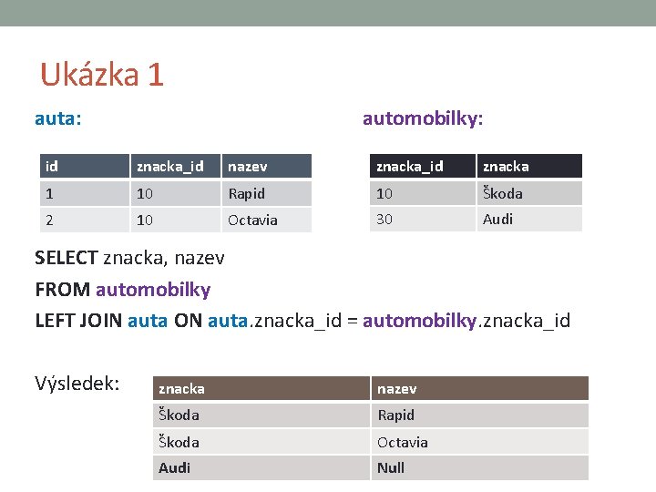 Ukázka 1 auta: automobilky: id znacka_id nazev znacka_id znacka 1 10 Rapid 10 Škoda