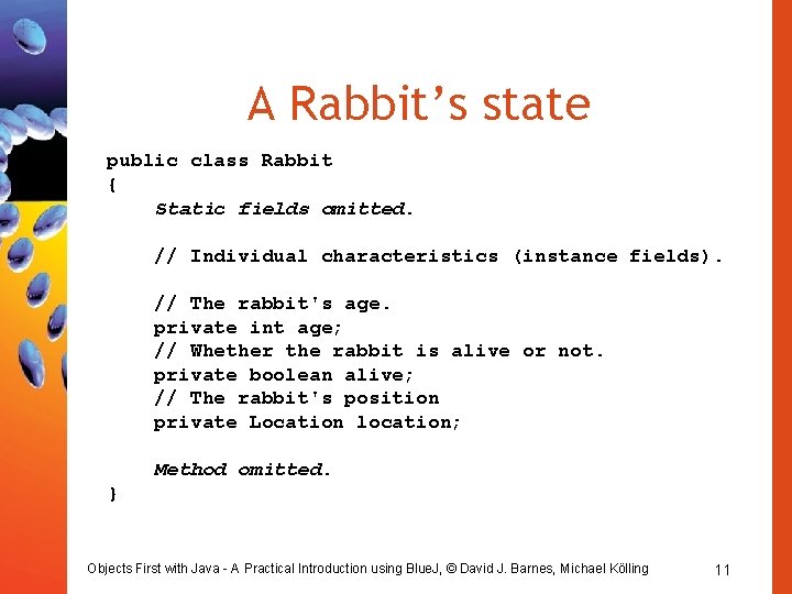 A Rabbit’s state public class Rabbit { Static fields omitted. // Individual characteristics (instance