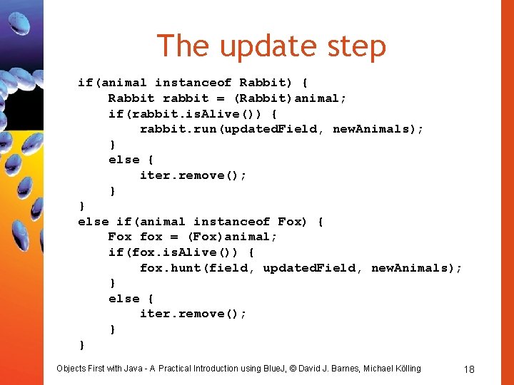 The update step if(animal instanceof Rabbit) { Rabbit rabbit = (Rabbit)animal; if(rabbit. is. Alive())